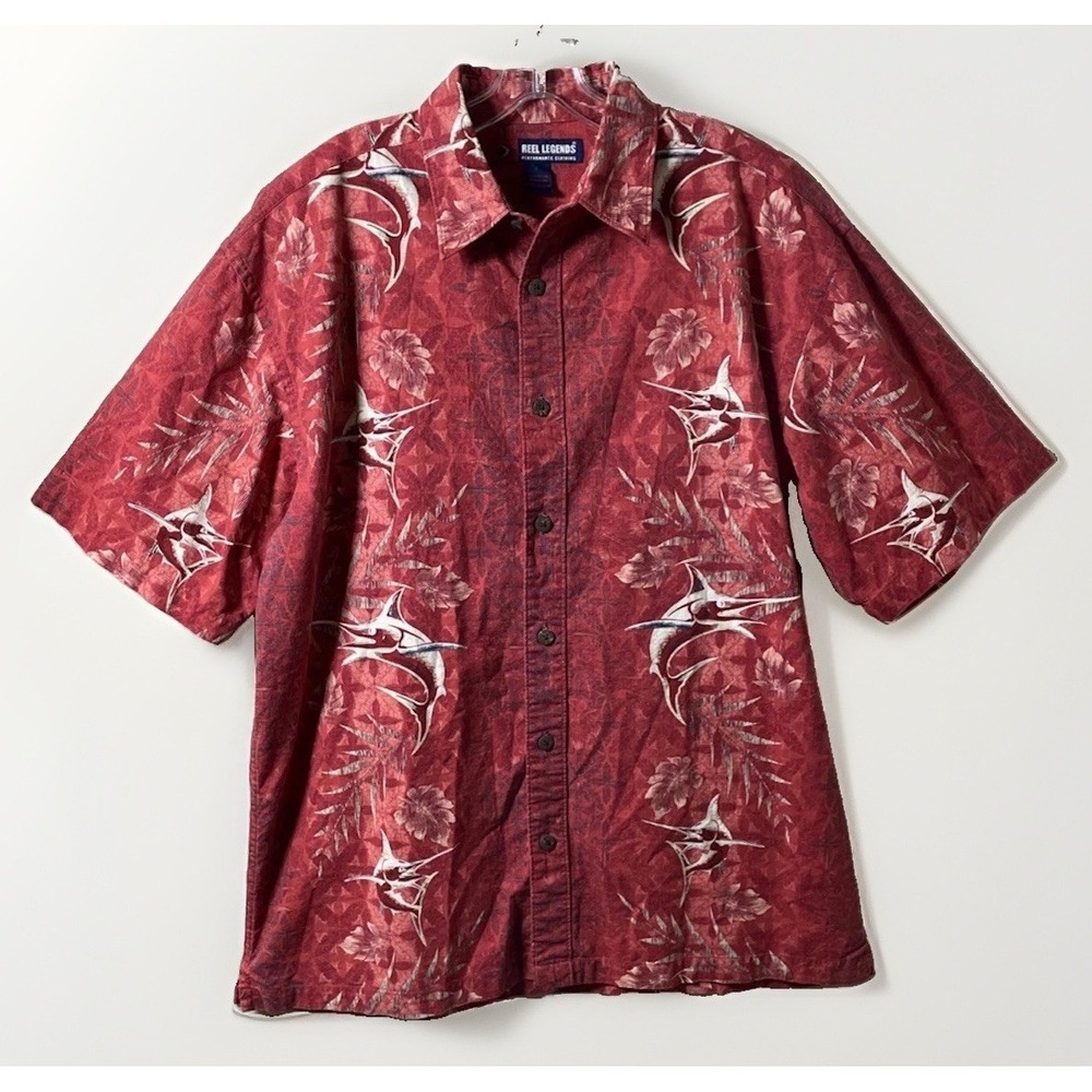 Reel Legends Mens Hawaiian Shirt Swordfish Marlin S/S Cotton/Rayon Blend Large